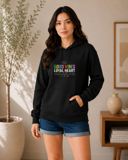 Good Vibes Loyal Heart — Black Graphic Hoodie