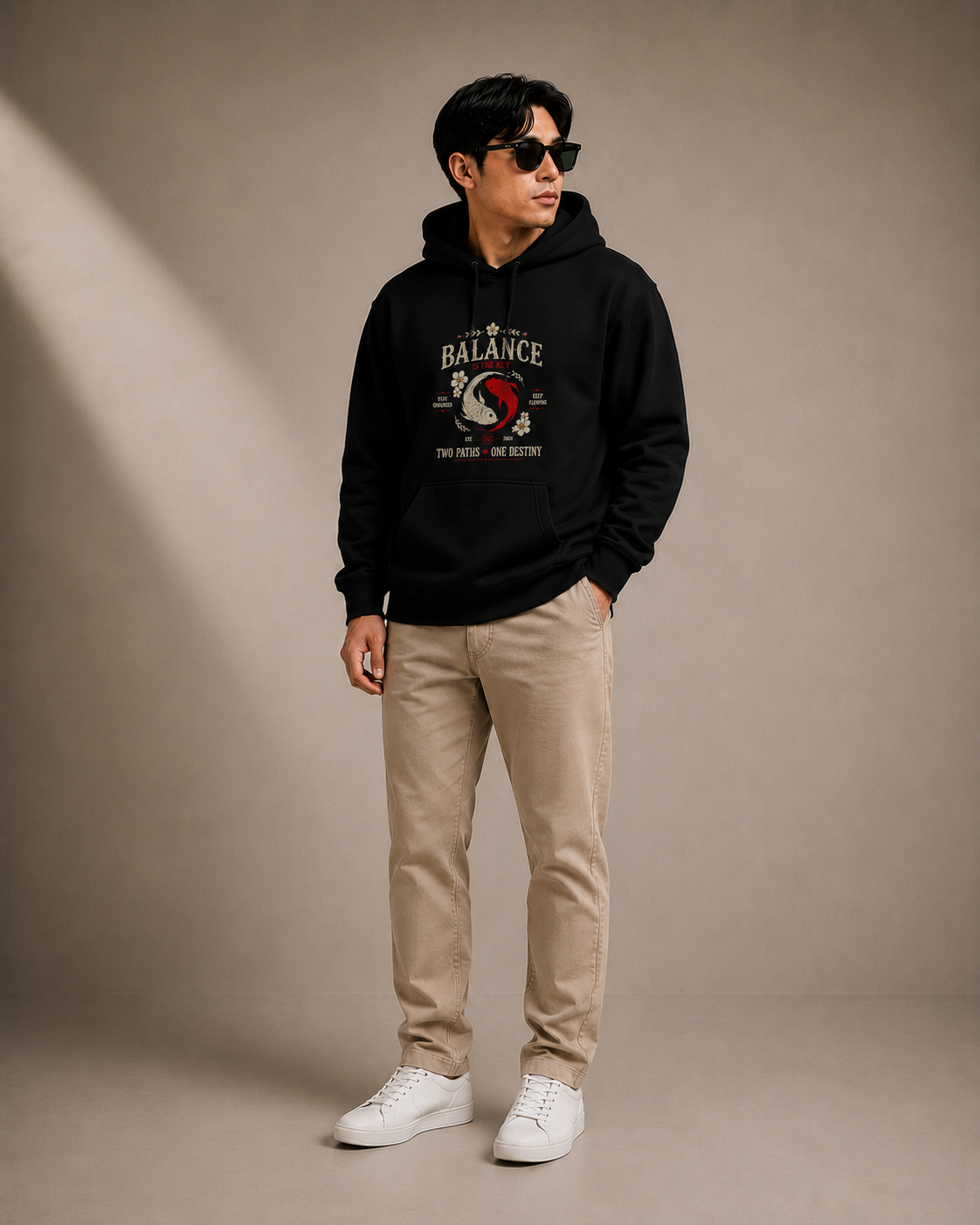 Balance Is the Key — Black Koi Graphic Hoodie