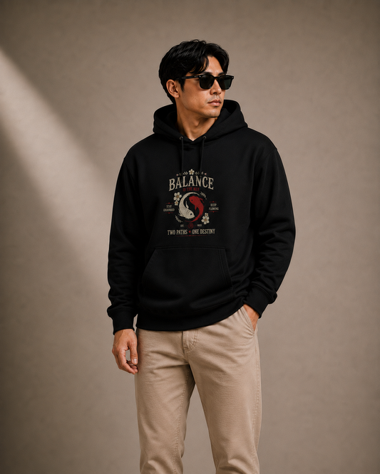 Balance Is the Key — Black Koi Graphic Hoodie